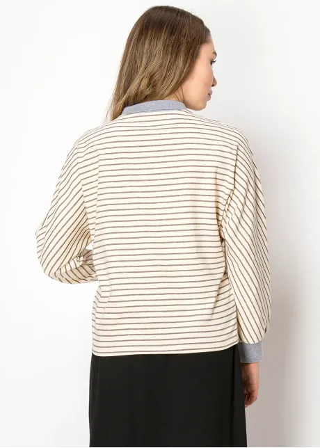 Cream Stripe Polo Tee with Grey Collar