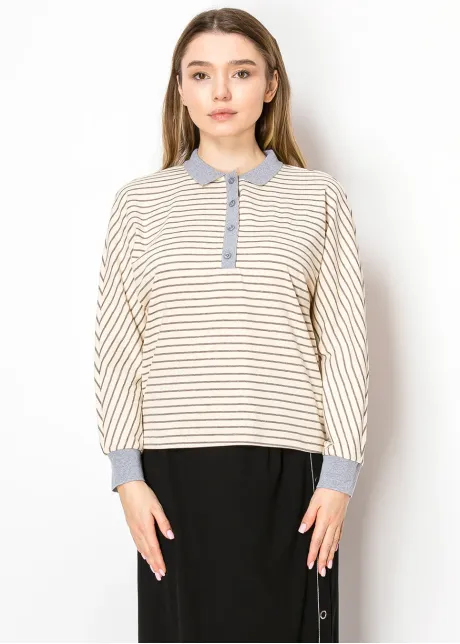 Cream Stripe Polo Tee with Grey Collar
