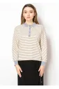 Cream Stripe Polo Tee with Grey Collar