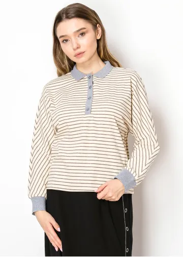 Cream Stripe Polo Tee with Grey Collar