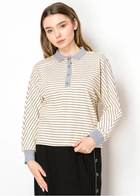 Cream Stripe Polo Tee with Grey Collar