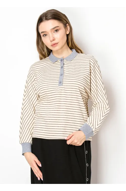 Cream Stripe Polo Tee with Grey Collar