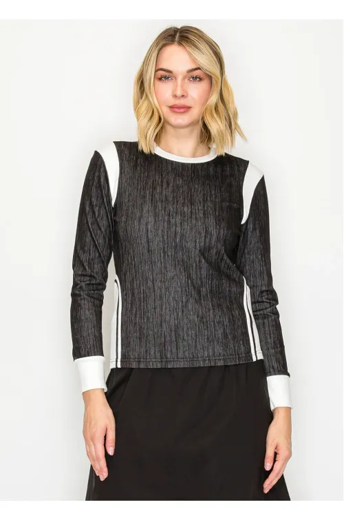 Color-Block Long-Sleeve Tee — Dark Denim & White