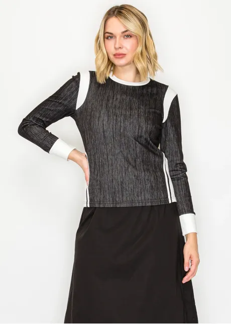 Color-Block Long-Sleeve Tee — Dark Denim & White