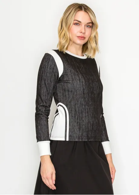 Color-Block Long-Sleeve Tee — Dark Denim & White