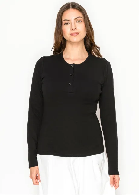 Black Cotton Henley Long Sleeve Tee