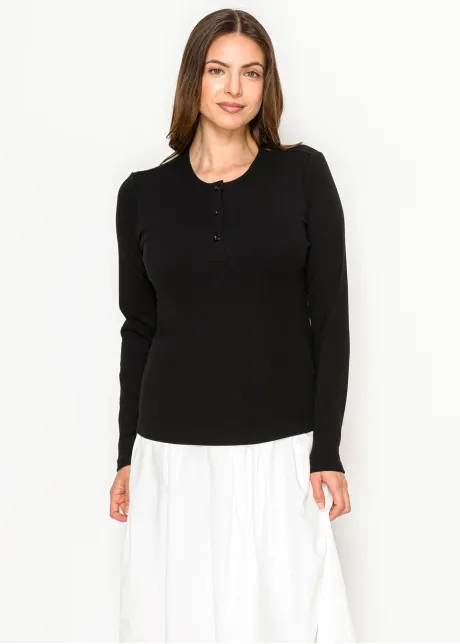 Black Cotton Henley Long Sleeve Tee