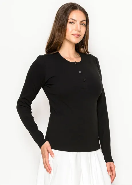 Black Cotton Henley Long Sleeve Tee