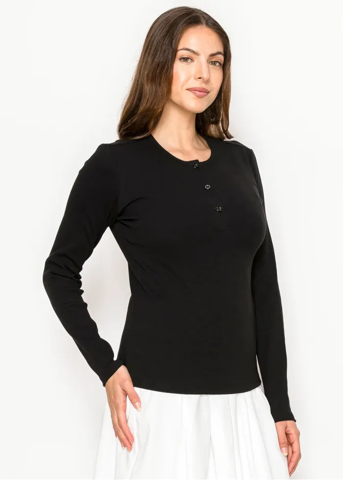 Black Cotton Henley Long Sleeve Tee
