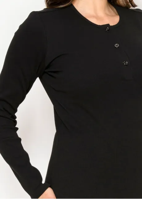 Black Cotton Henley Long Sleeve Tee