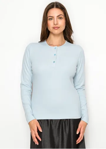 Long Sleeve Henley Tee in Light Blue Rib