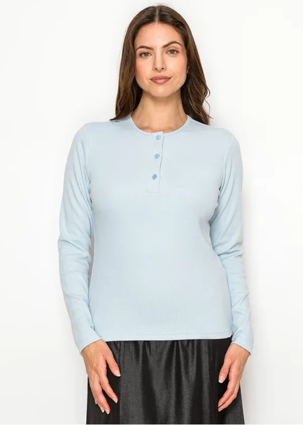 Long Sleeve Henley Tee in Light Blue Rib