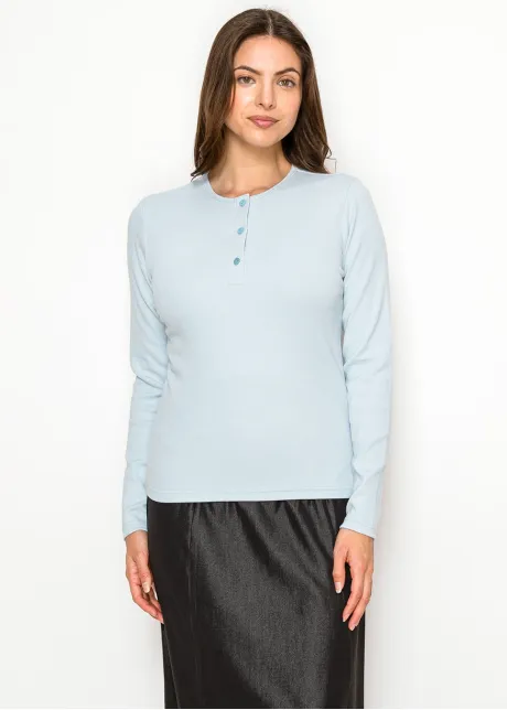Long Sleeve Henley Tee in Light Blue Rib