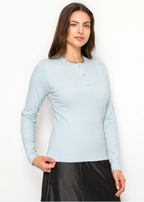 Long Sleeve Henley Tee in Light Blue Rib