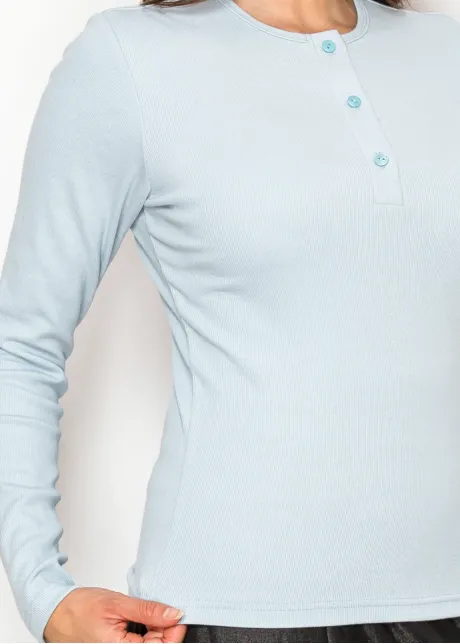 Long Sleeve Henley Tee in Light Blue Rib
