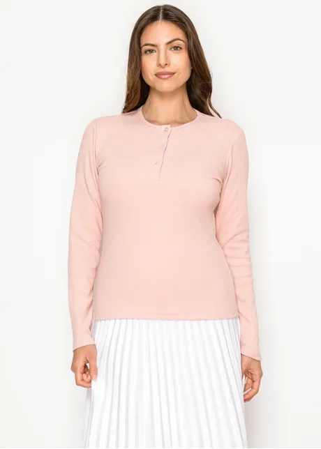 Blush Pink Ribbed Long Sleeve Henley Tee
