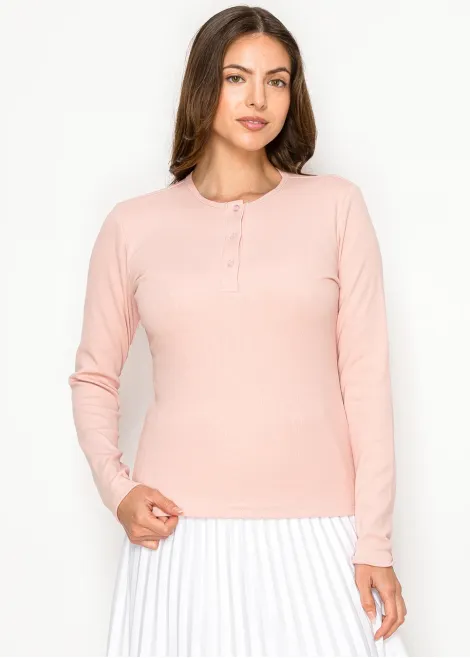 Blush Pink Ribbed Long Sleeve Henley Tee