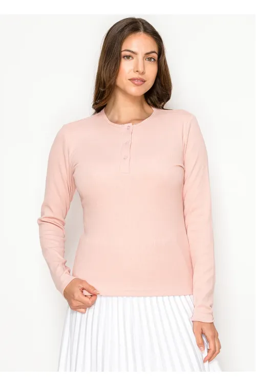 Blush Pink Ribbed Long Sleeve Henley Tee