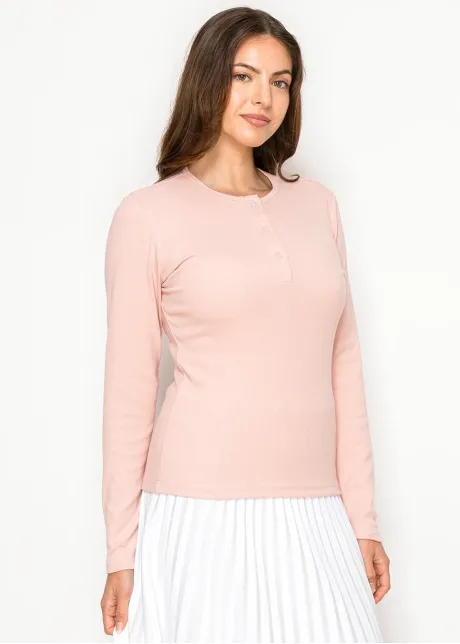 Blush Pink Ribbed Long Sleeve Henley Tee