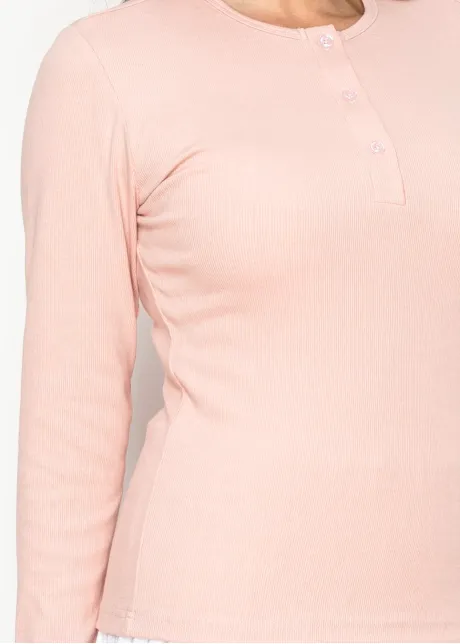 Blush Pink Ribbed Long Sleeve Henley Tee