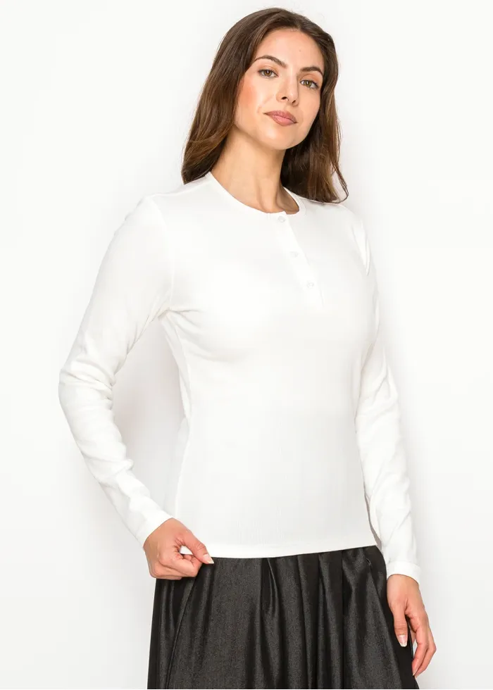 White Ribbed Long Sleeve Henley Tee