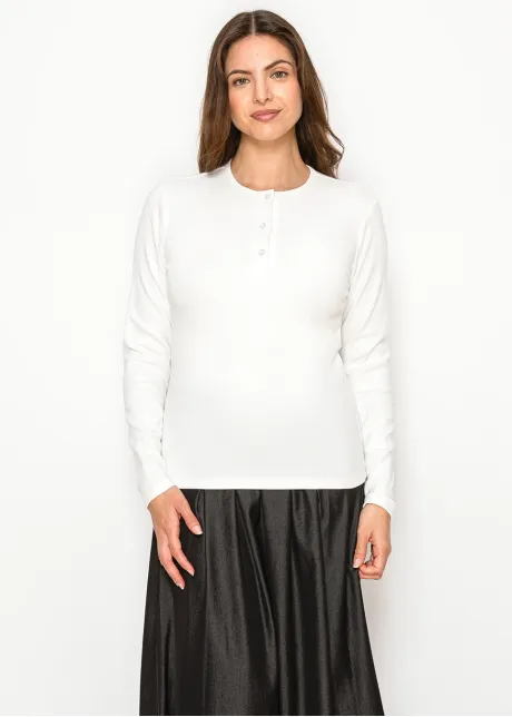 White Ribbed Long Sleeve Henley Tee