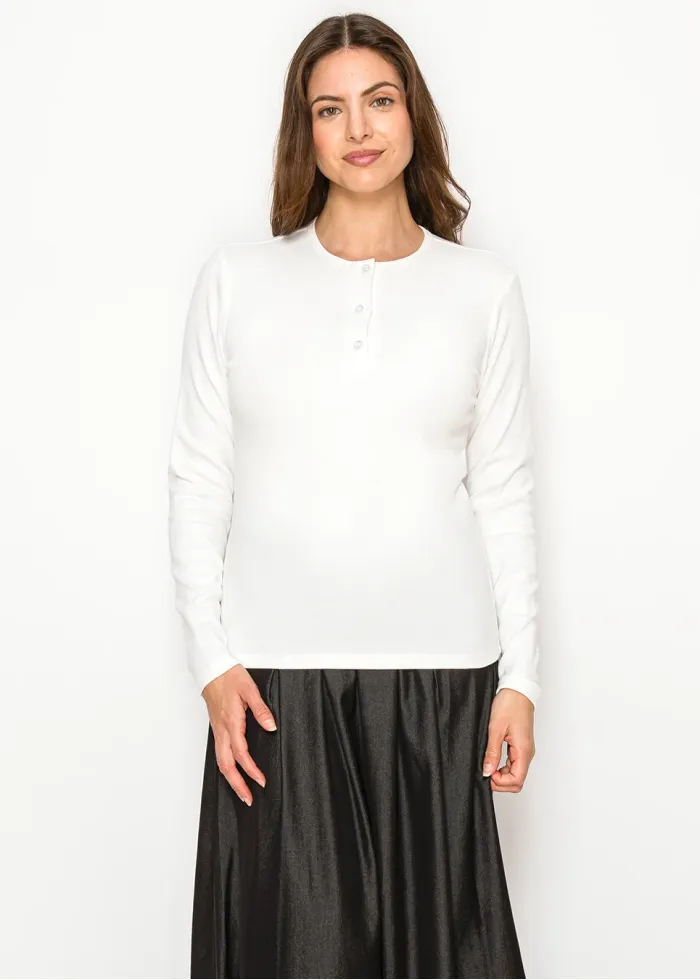 White Ribbed Long Sleeve Henley Tee