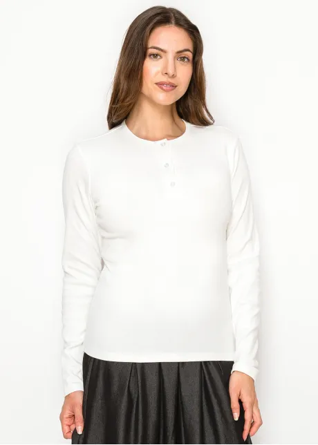 White Ribbed Long Sleeve Henley Tee