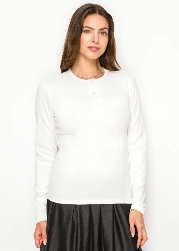 White Ribbed Long Sleeve Henley Tee