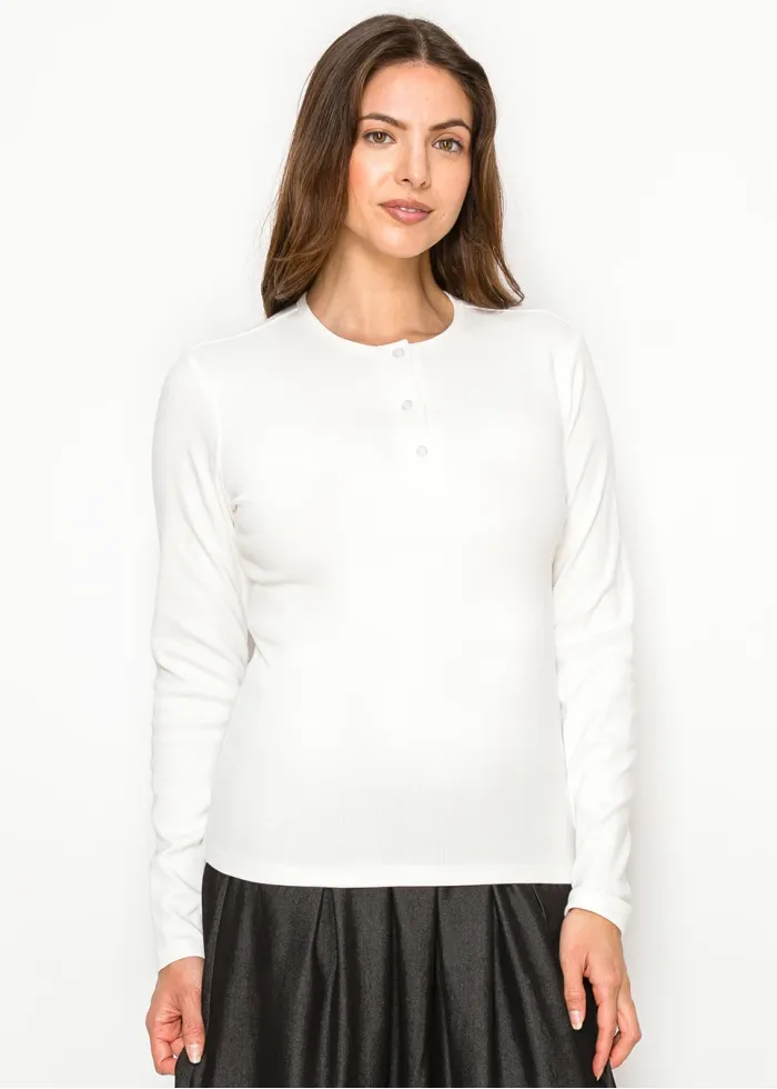 White Ribbed Long Sleeve Henley Tee