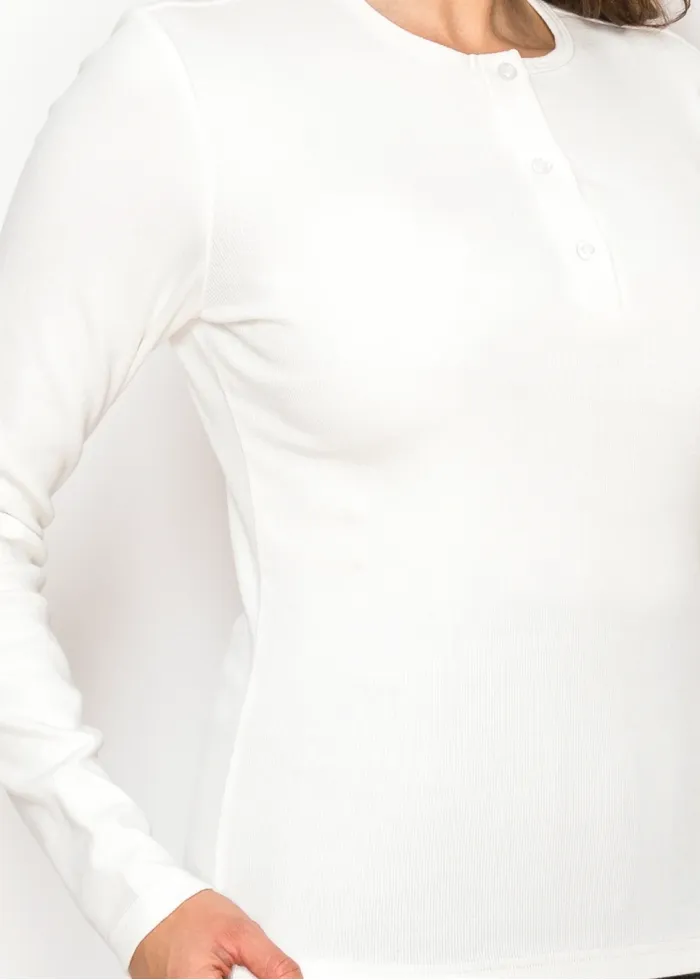 White Ribbed Long Sleeve Henley Tee