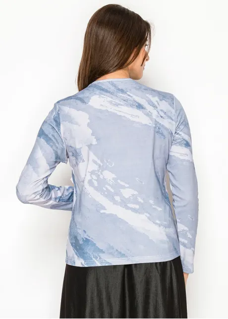 Blue Watercolor Print Cotton Stretch T-Shirt