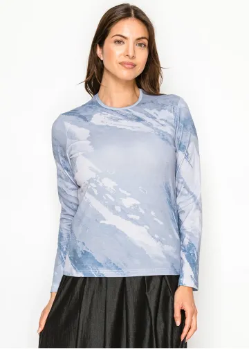 Blue Watercolor Print Cotton Stretch T-Shirt