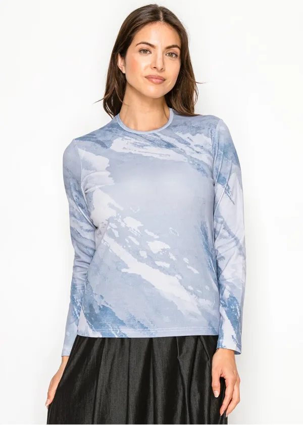 Blue Watercolor Print Cotton Stretch T-Shirt
