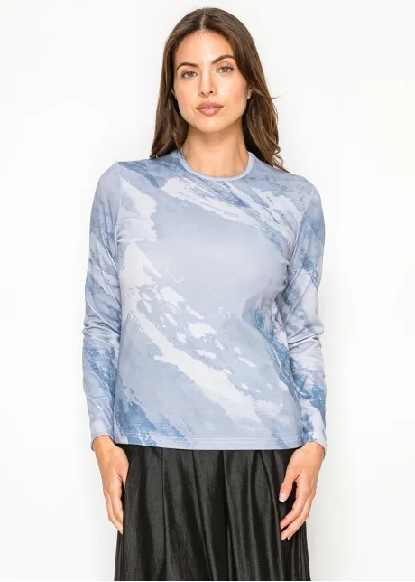 Blue Watercolor Print Cotton Stretch T-Shirt