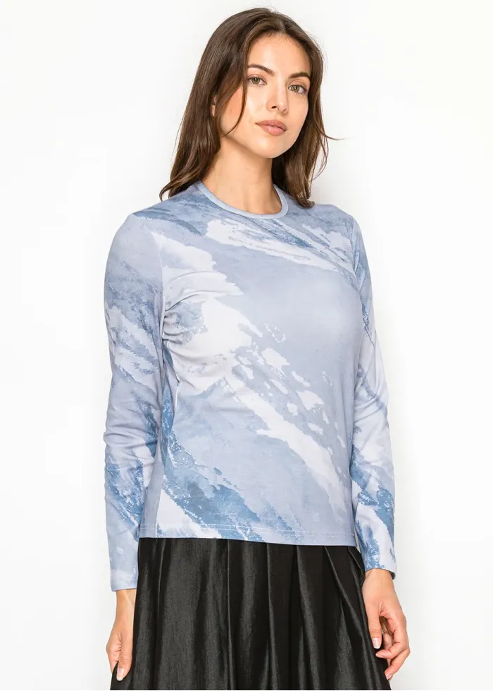 Blue Watercolor Print Cotton Stretch T-Shirt