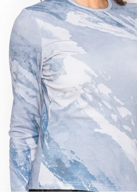 Blue Watercolor Print Cotton Stretch T-Shirt