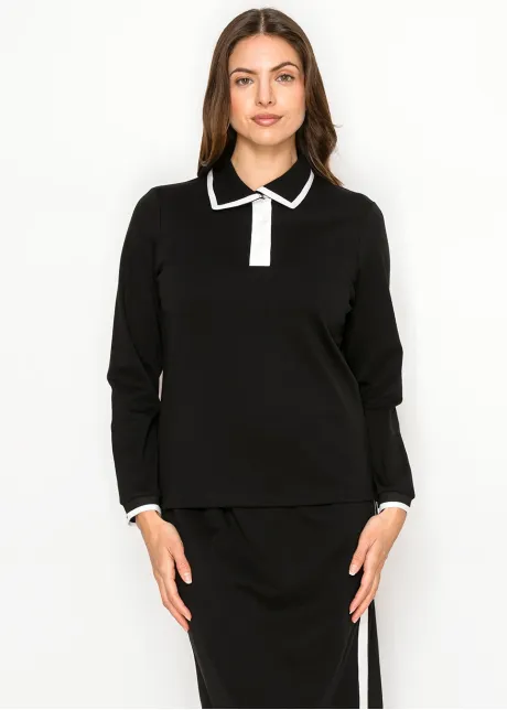 Black Contrast Collar Long Sleeve Cotton Tee