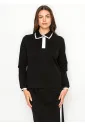 Black Contrast Collar Long Sleeve Cotton Tee