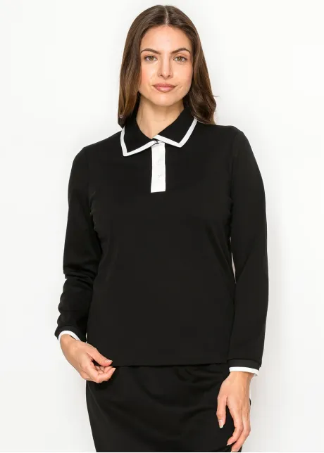 Black Contrast Collar Long Sleeve Cotton Tee
