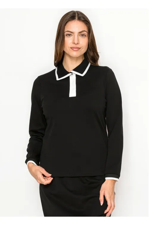 Black Contrast Collar Long Sleeve Cotton Tee
