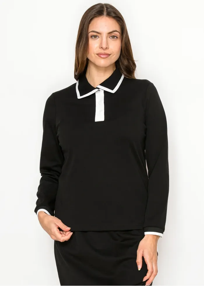 Black Contrast Collar Long Sleeve Cotton Tee