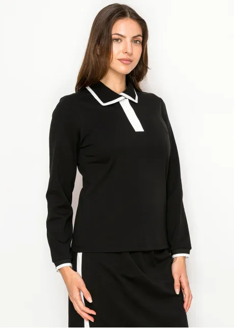 Black Contrast Collar Long Sleeve Cotton Tee