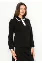 Black Contrast Collar Long Sleeve Cotton Tee