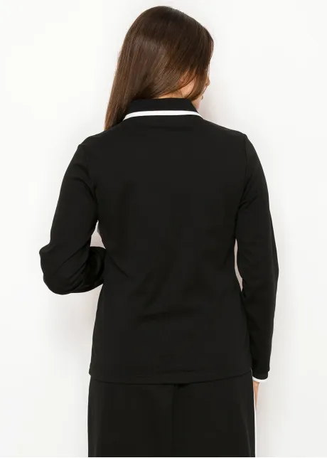 Black Contrast Collar Long Sleeve Cotton Tee