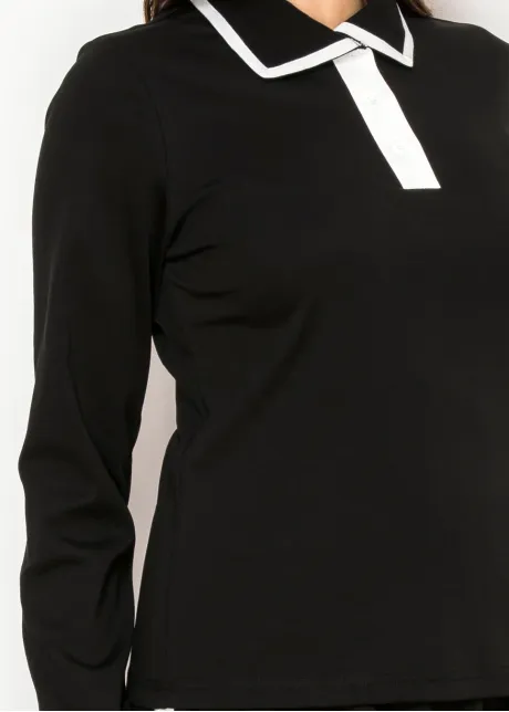 Black Contrast Collar Long Sleeve Cotton Tee