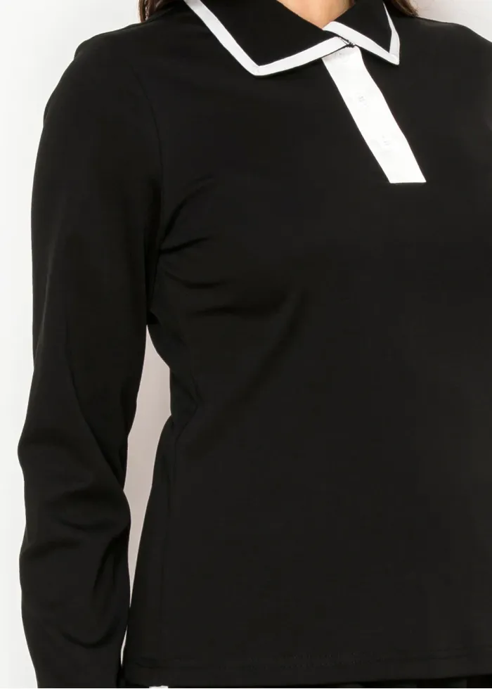 Black Contrast Collar Long Sleeve Cotton Tee