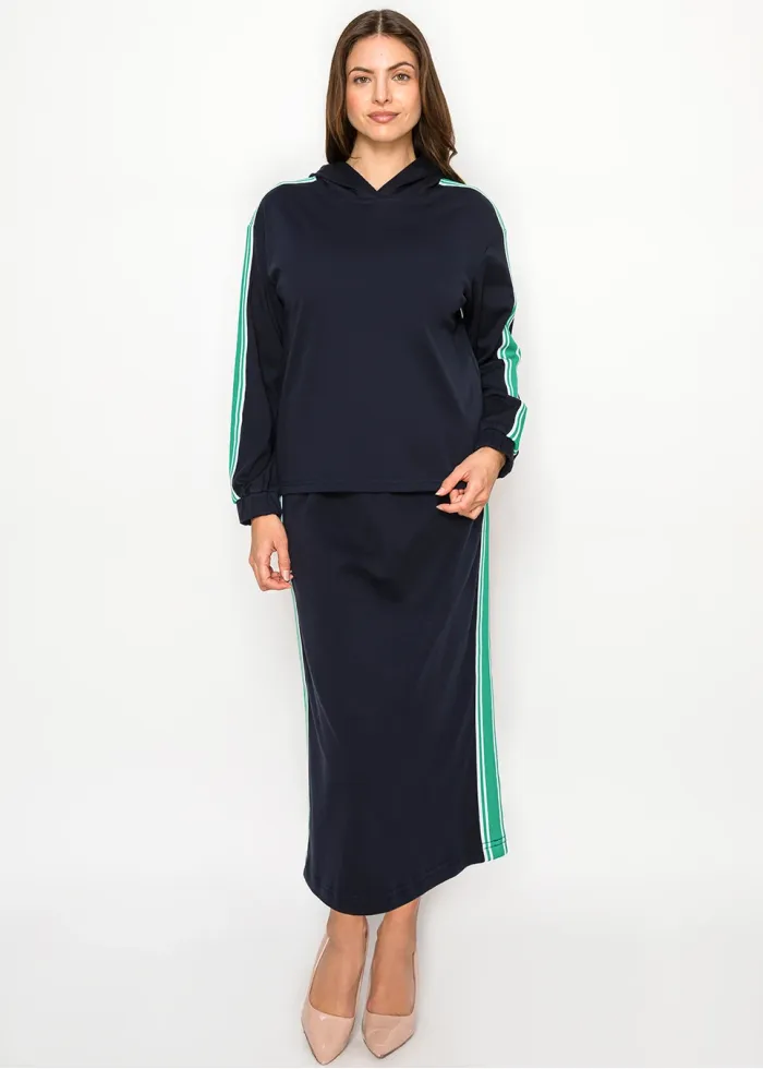 Stripe Hooded Cotton Blend Tee – Navy