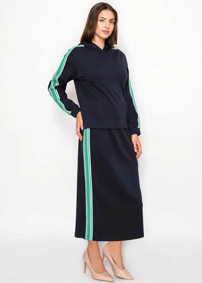 Stripe Hooded Cotton Blend Tee – Navy