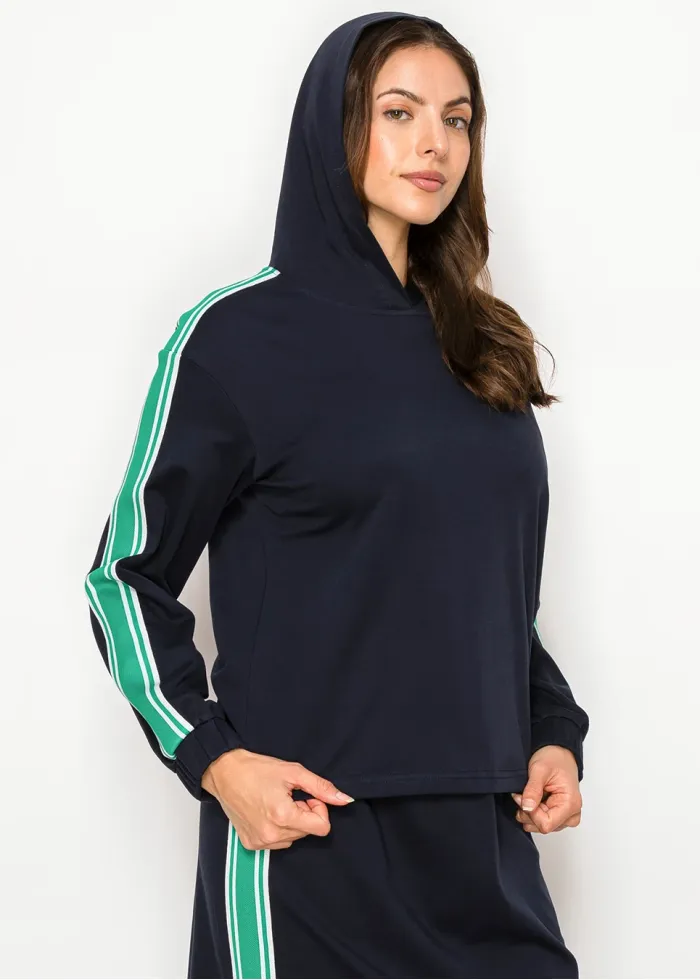 Stripe Hooded Cotton Blend Tee – Navy